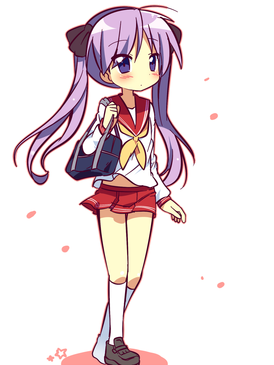 1girl, ahoge, bag, blue_eyes, blush, crossed_legs_(standing), hair_ribbon, highres