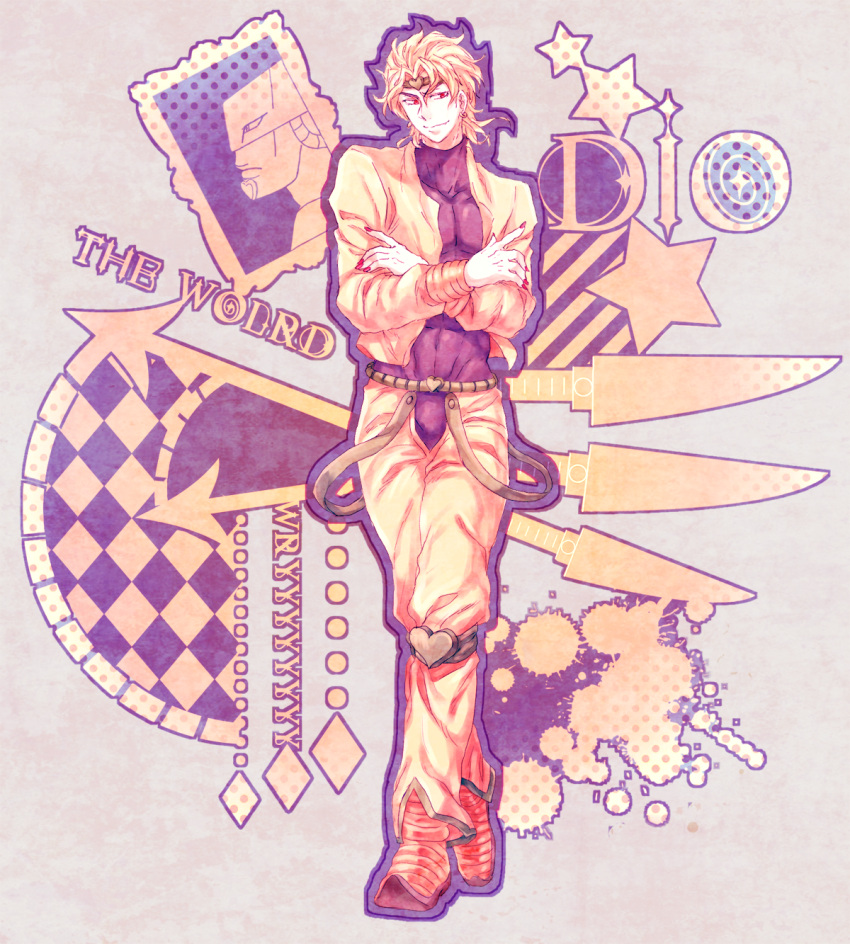1boy, between_fingers, dio_brando, flute72, highres, jojo_no_kimyou_na_bouken, knife, stand_(jojo)