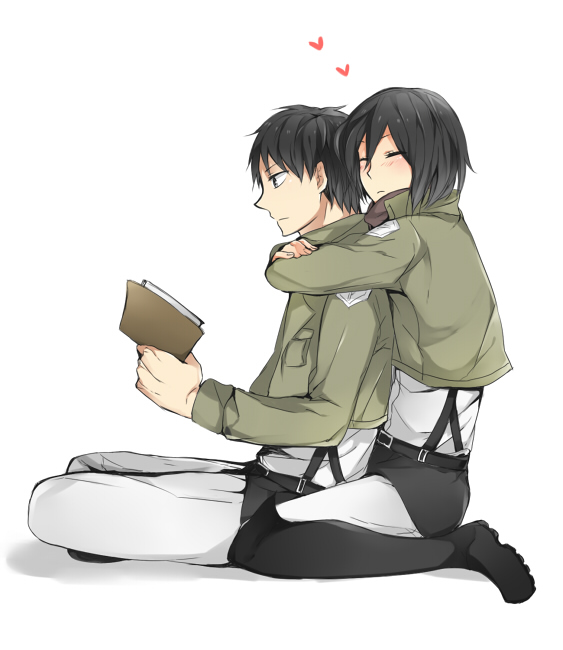 black_eyes, black_hair, blush, boots, eren_jaeger, heart, hug, hug_from_behind