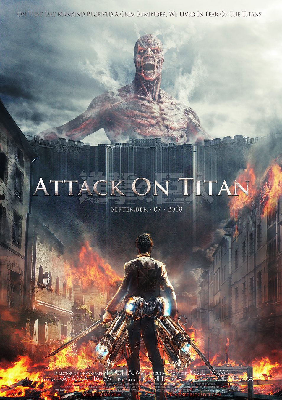 1boy, eren_jaeger, fake_movie_poster, highres, movie_poster, photorealistic, shingeki_no_kyojin, tajima_kouji