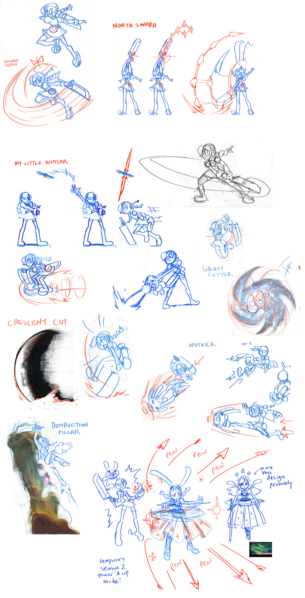 1girl, alternate_costume, annie_(skullgirls), attack, boots, braid, concept_art, dress, energy_beam, eyepatch, highres, jumping, magical_girl, official_art, riding, sagan_(skullgirls), short_sword, sketch, skullgirls, star, sword, thigh-highs, thigh_boots, tiptoes, transformation, twin_braids, volcanic_viper, weapon