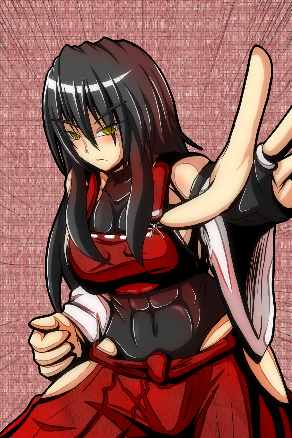 1girl, abs, black_hair, breasts, bridal_gauntlets, detached_sleeves, emphasis_lines, highres, huge_breasts, leotard, long_hair, m.u.g.e.n, nontraditional_miko, original, outstretched_hand, payot, sendai_hakurei_no_miko, sideboob, teikoku_gensui, touhou, yellow_eyes