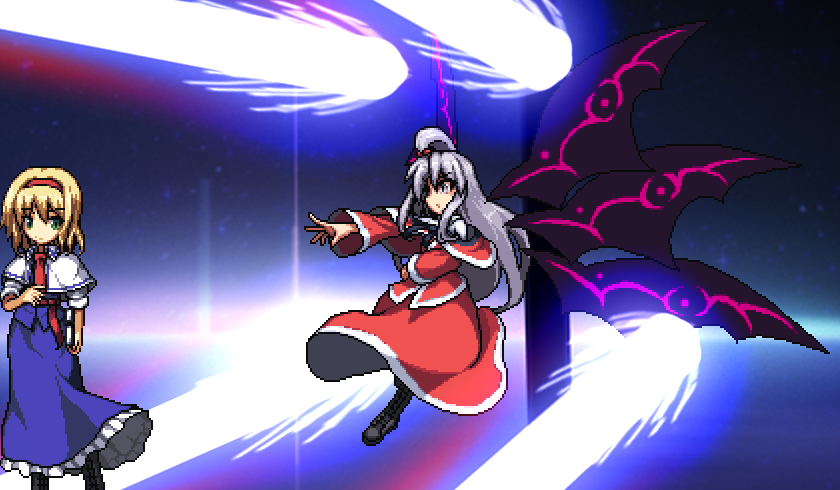 2girls, alice_margatroid, blonde_hair, book, boots, capelet, dress, green_eyes, grey_eyes, grey_hair, hair_bobbles, hair_ornament, hairband, holding, laser, long_hair, long_sleeves, matsuki_akira, multiple_girls, outstretched_arm, pixel_art, red_dress, shinki, short_hair, touhou, touhou_(pc-98), very_long_hair, wide_sleeves, wings