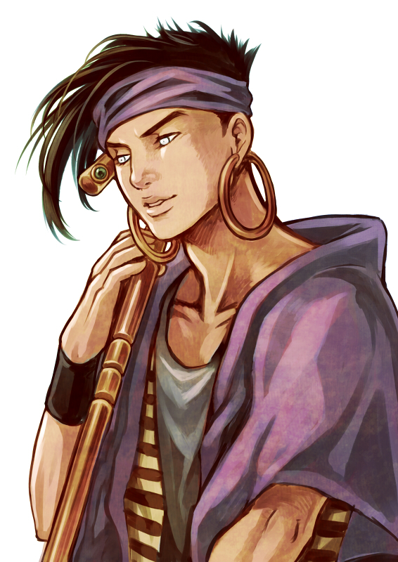 1boy, armband, black_hair, blind, cane, chonorin, earrings, headband