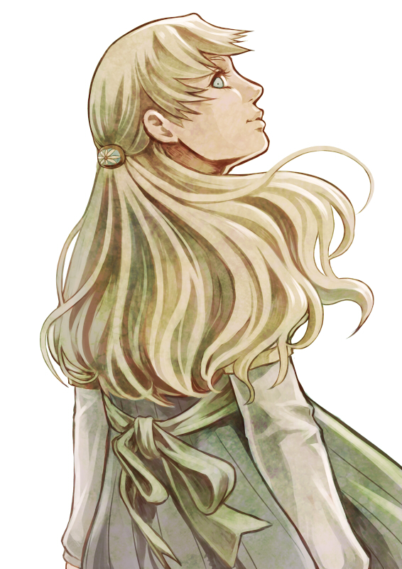 1girl, blonde_hair, blue_eyes, chonorin, dress, erina_pendleton, from_behind, half_updo