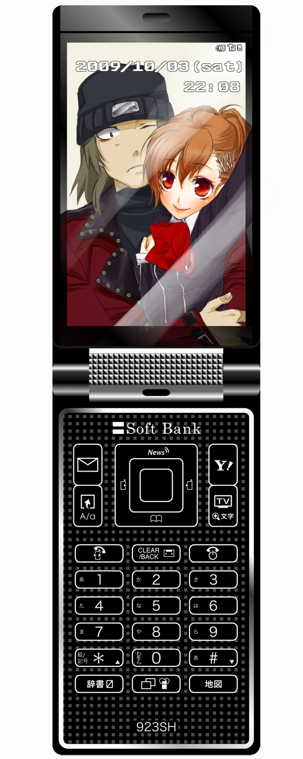 1girl, aragaki_shinjirou, beanie, blush, bow, cellphone, couple, female_protagonist_(persona_3)