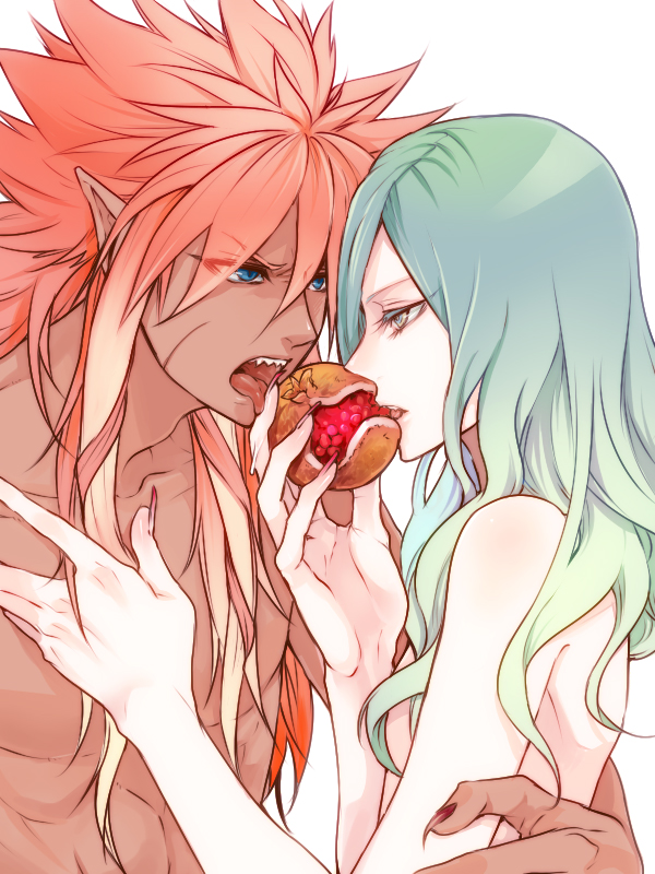 2boys, androgynous, blue_eyes, fingernails, garushaa_wolfein, inazuma_eleven_(series), inazuma_eleven_go, inazuma_eleven_go_chrono_stone, long_fingernails, long_hair, multiple_boys, open_mouth, pointy_ears, sharp_teeth, shirtless, simple_background, tongue, vanfeny_vamp, white_background, zuwai_kani