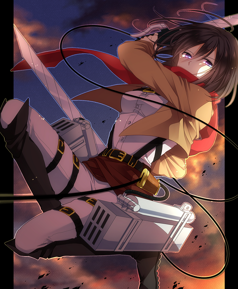 belt, dual_wielding, jacket, mikasa_ackerman, scarf, shingeki_no_kyojin, suisyounohosizora, sword