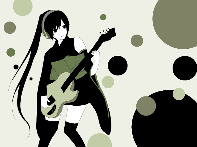 black_hair, guitar, headphones, instrument, japanese_clothes, kimono, nagone_mako, ponytail