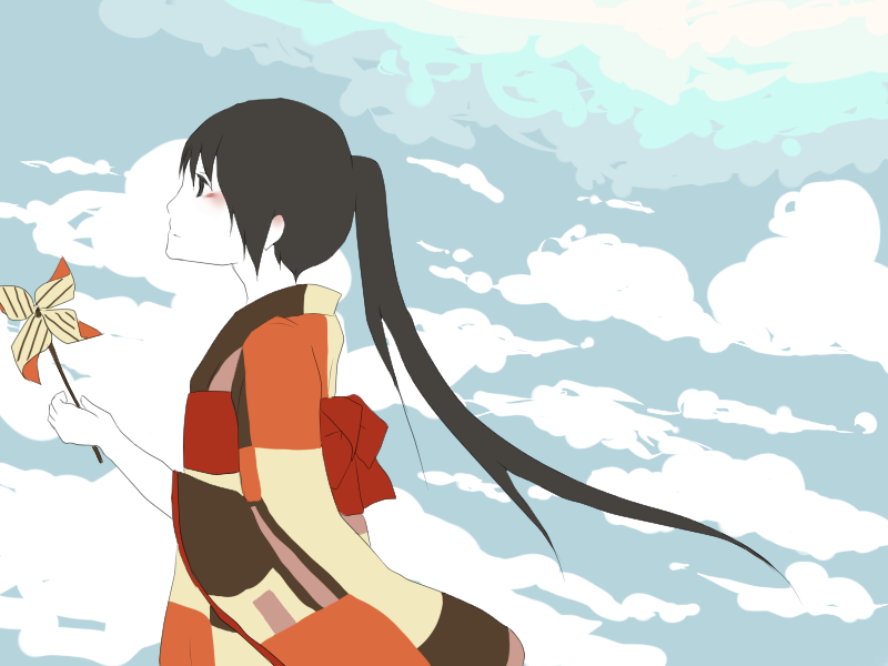 blush, cloud, clouds, japanese_clothes, kimono, nagone_mako, pin_wheel, pinwheel, ponytail, pug_(pixiv), sky, utau