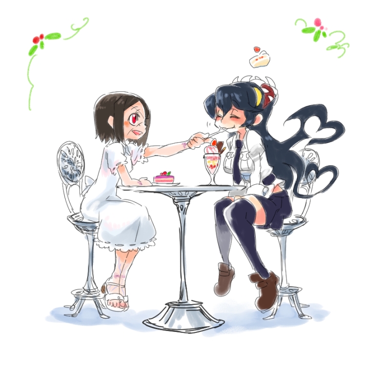 2girls, black_hair, black_legwear, breasts, brown_hair, cake, carol_(skullgirls), closed_eyes