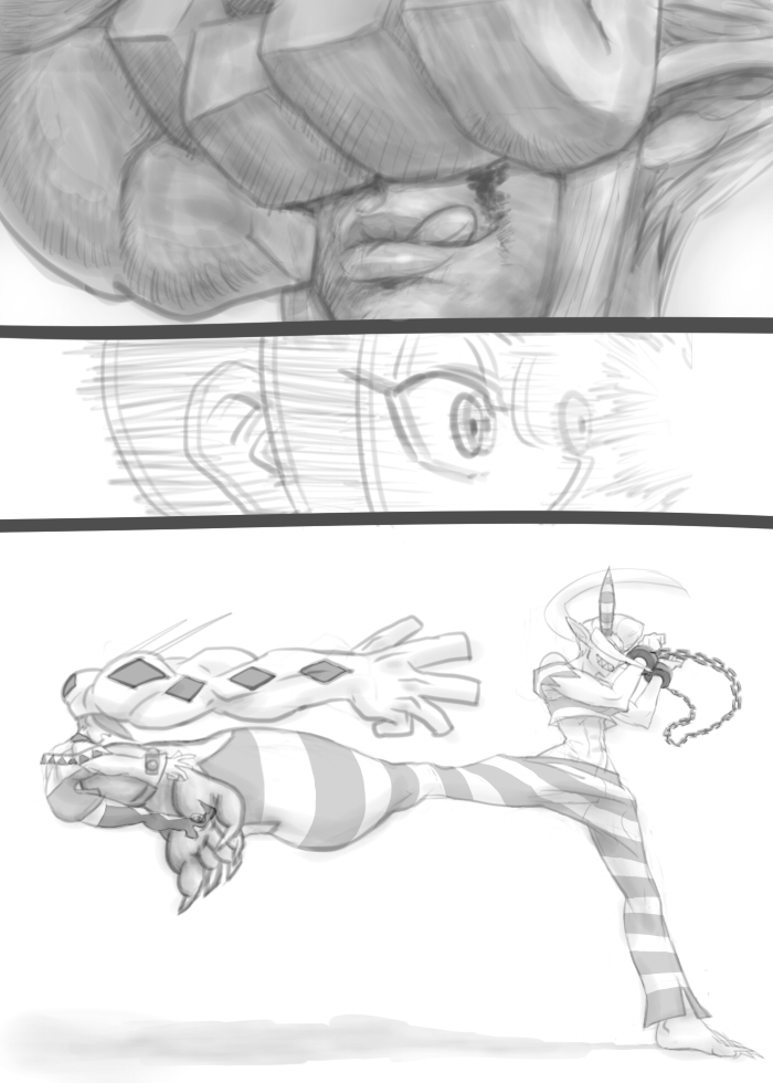 2girls, bare_shoulders, battle, blood, blood_on_face, boots, cerebella_(skullgirls), chain