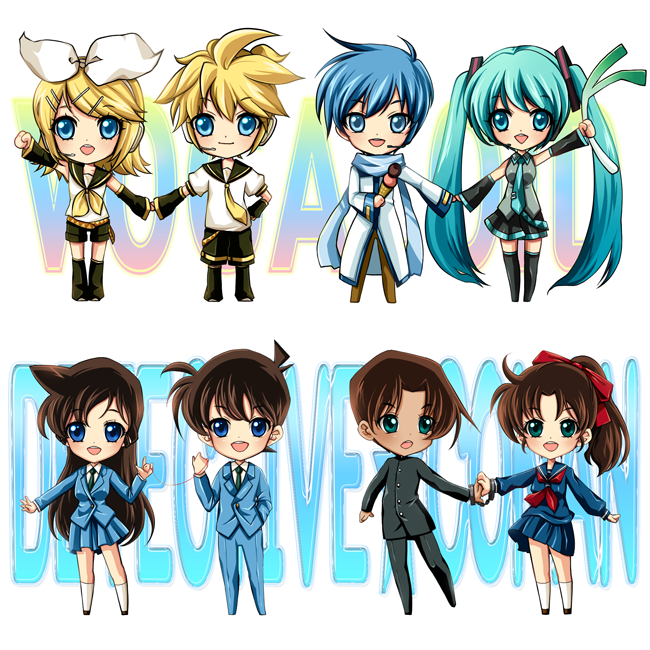 4boys, 4girls, ahoge, aqua_eyes, aqua_hair, arm_warmers, blonde_hair, blue_eyes