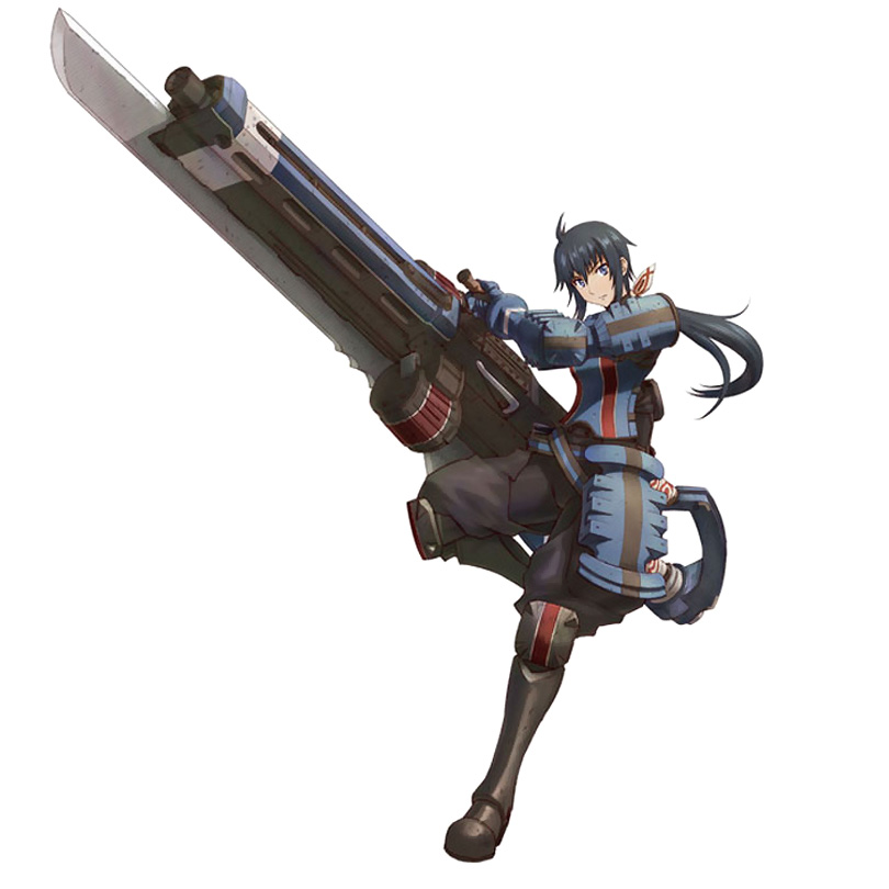 1girl, ahoge, armor, blue_eyes, blue_hair, greaves, gunblade, hair_ribbon, huge_weapon, imca, knee_pads, long_hair, military, military_uniform, official_art, ponytail, project_x_zone, ribbon, senjou_no_valkyria, senjou_no_valkyria_3, simple_background, solo, uniform, var, weapon, white_background