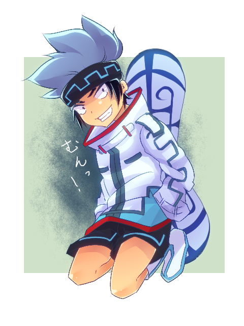 1boy, boots, grin, headband, kneeling, male, sakurapain6918, shaman_king