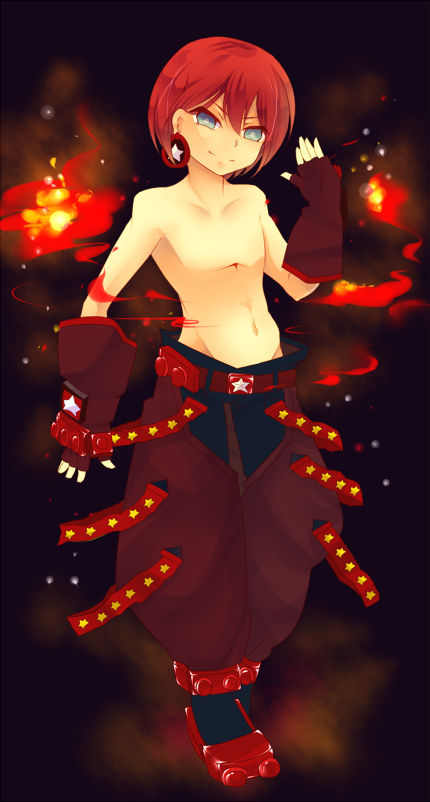 asakura_hao, asakura_hao_(cosplay), belt, blue_hair, cosplay, earrings, fingerless_gloves, gloves, inazuma_eleven, inazuma_eleven_(series), jewelry, kiyama_hiroto, navel, no_nipples, redhead, sakurapain6918, shaman_king, short_hair, star