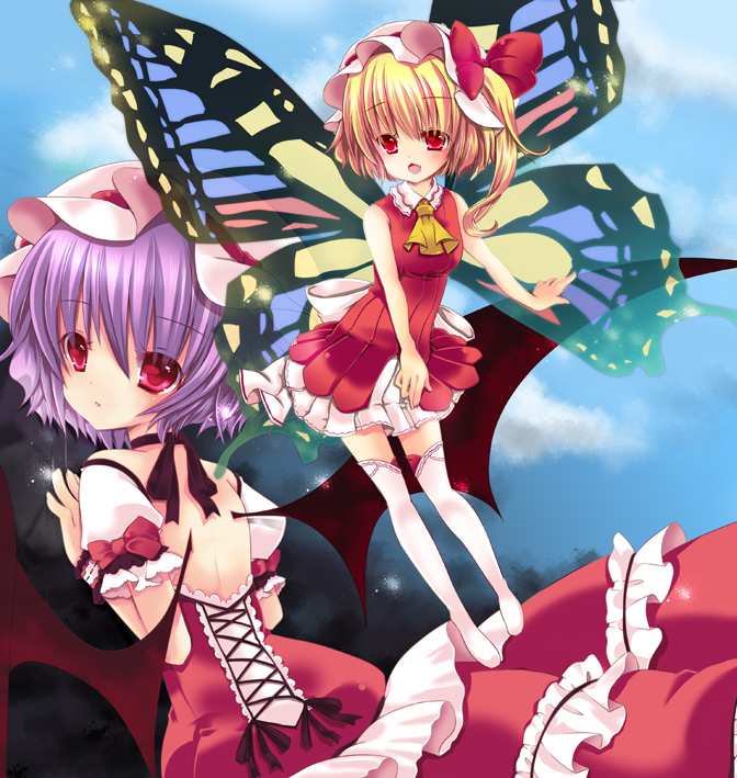 2girls, adapted_costume, alternate_costume, alternate_wings, ascot, bat_wings, blonde_hair, bow