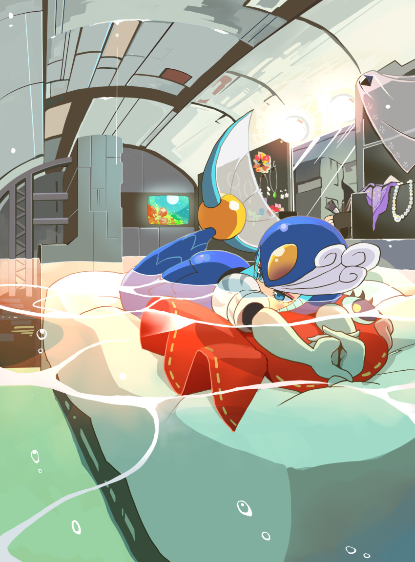 1girl, android, bed, bedroom, blue_eyes, coramune, elbow_gloves, fish