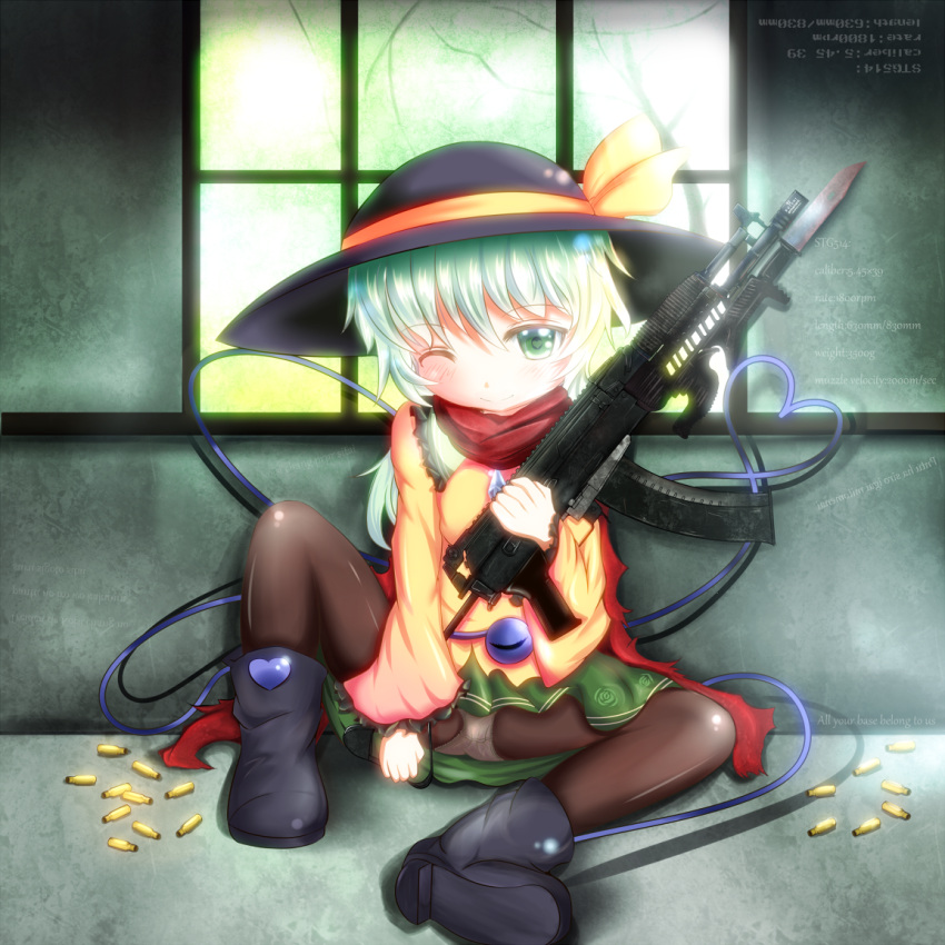 1girl, a-545, aek-971, assault_rifle, black_legwear, blush, boots, eyeball