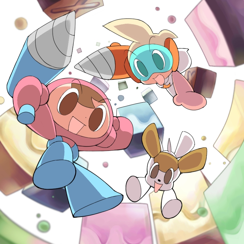 brown_eyes, brown_hair, character_request, dog, drill, falling, from_below, looking_down, mr._driller, mr_driller, open_mouth, oyatsu_(mk2), smile, tagme, visor