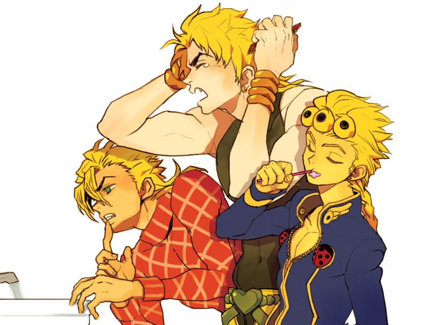 3boys, blonde_hair, blue_eyes, bracelet, brushing_teeth, combing, diego_brando, dio_brando