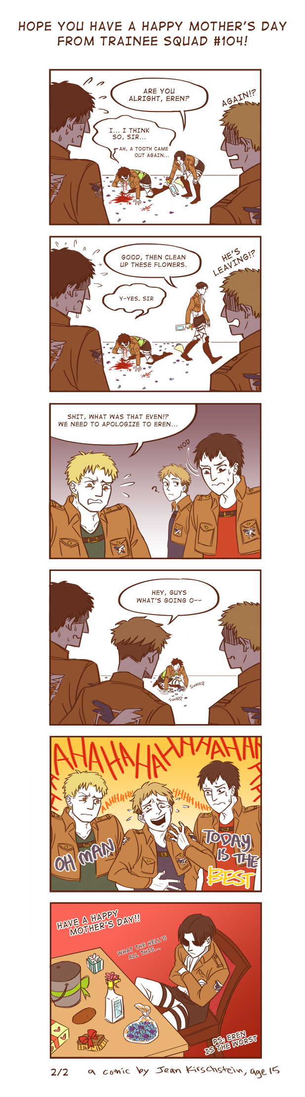 bertholt_fubar, black_hair, blonde_hair, blood, boots, bottle, brown_hair, comic, english, eren_jaeger, flower, highres, jacket, jean_kirchstein, levi_(shingeki_no_kyojin), lmc, long_image, multiple_boys, reiner_braun, shingeki_no_kyojin, short_hair, spray_bottle, tall_image, thigh_strap