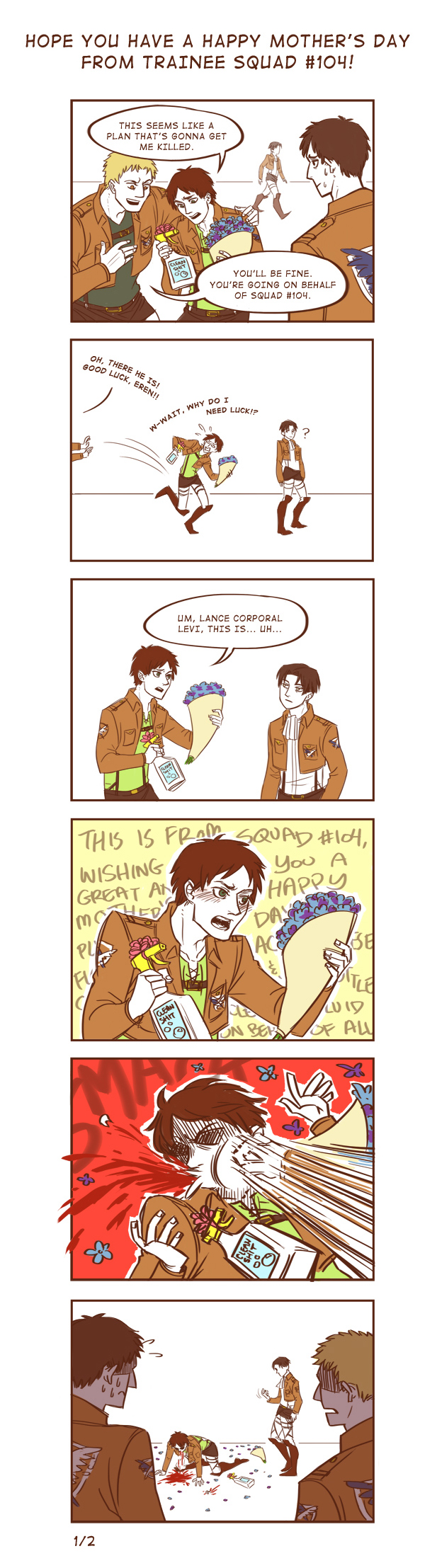4boys, bertholt_fubar, black_hair, blonde_hair, blood, boots, bottle, brown_hair, comic, english, eren_jaeger, flower, highres, jacket, levi_(shingeki_no_kyojin), lmc, long_image, multiple_boys, punching, reiner_braun, shingeki_no_kyojin, short_hair, spray_bottle, tall_image, thigh_strap