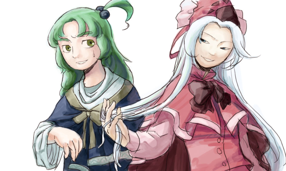 2girls, blue_eyes, capelet, d-nobi, green_eyes, green_hair, hat, long_hair
