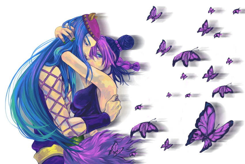 1boy, 1girl, black_hair, blackzizi, blue_eyes, blue_hair, butterfly, couple