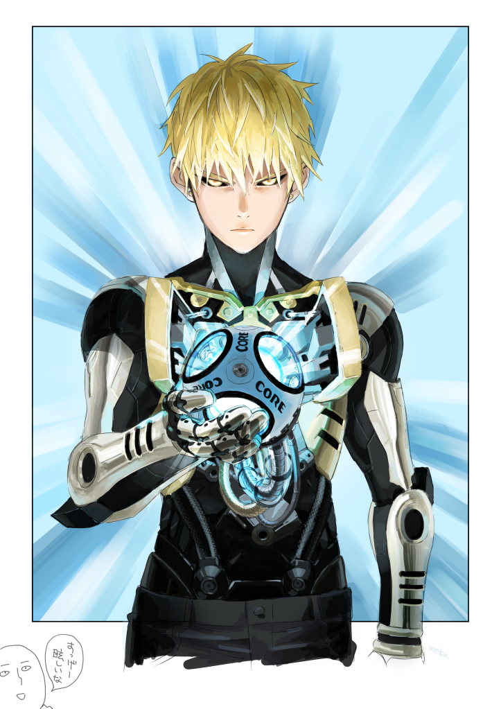 1boy, ball, black_sclera, blonde_hair, cyborg, genos, indesign, onepunch_man