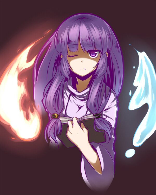 1girl, book, holding, holding_book, long_hair, looking_at_viewer, magic, patchouli_knowledge