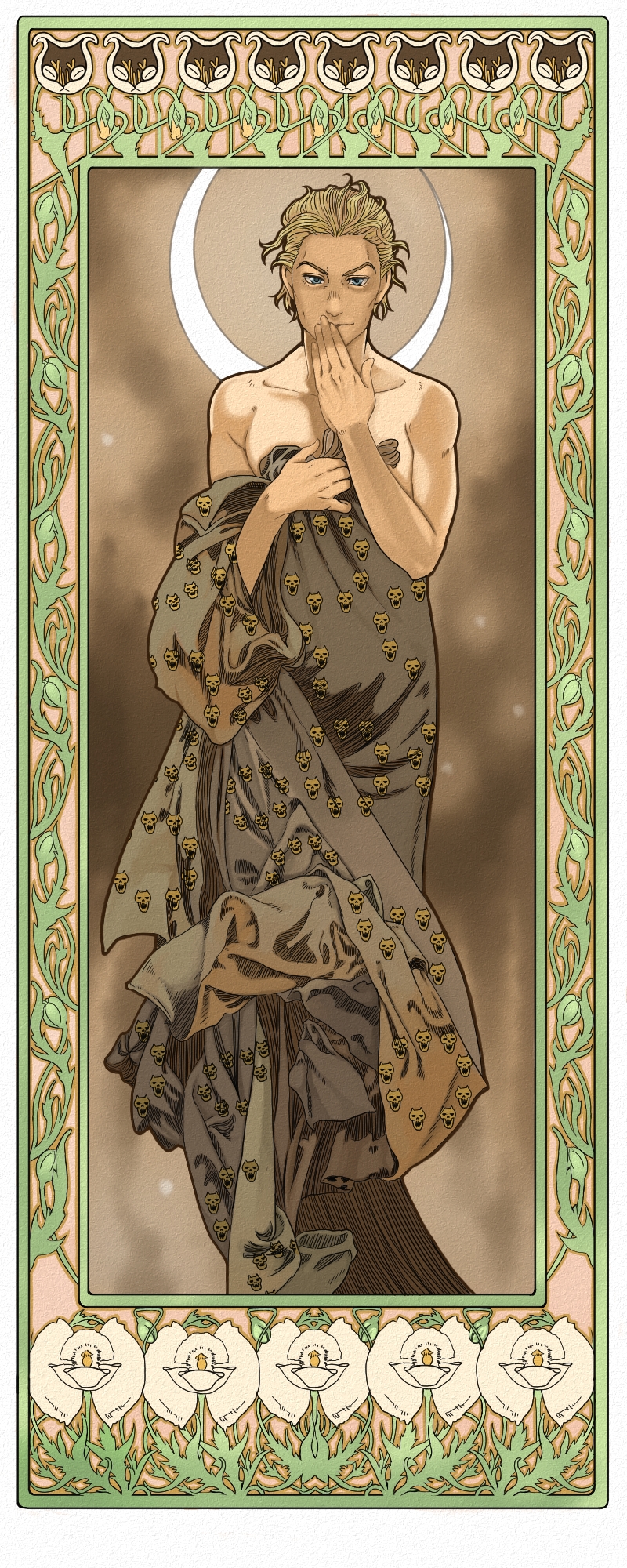 1boy, art_nouveau, blackzizi, blonde_hair, blue_eyes, crescent_moon, flower, highres