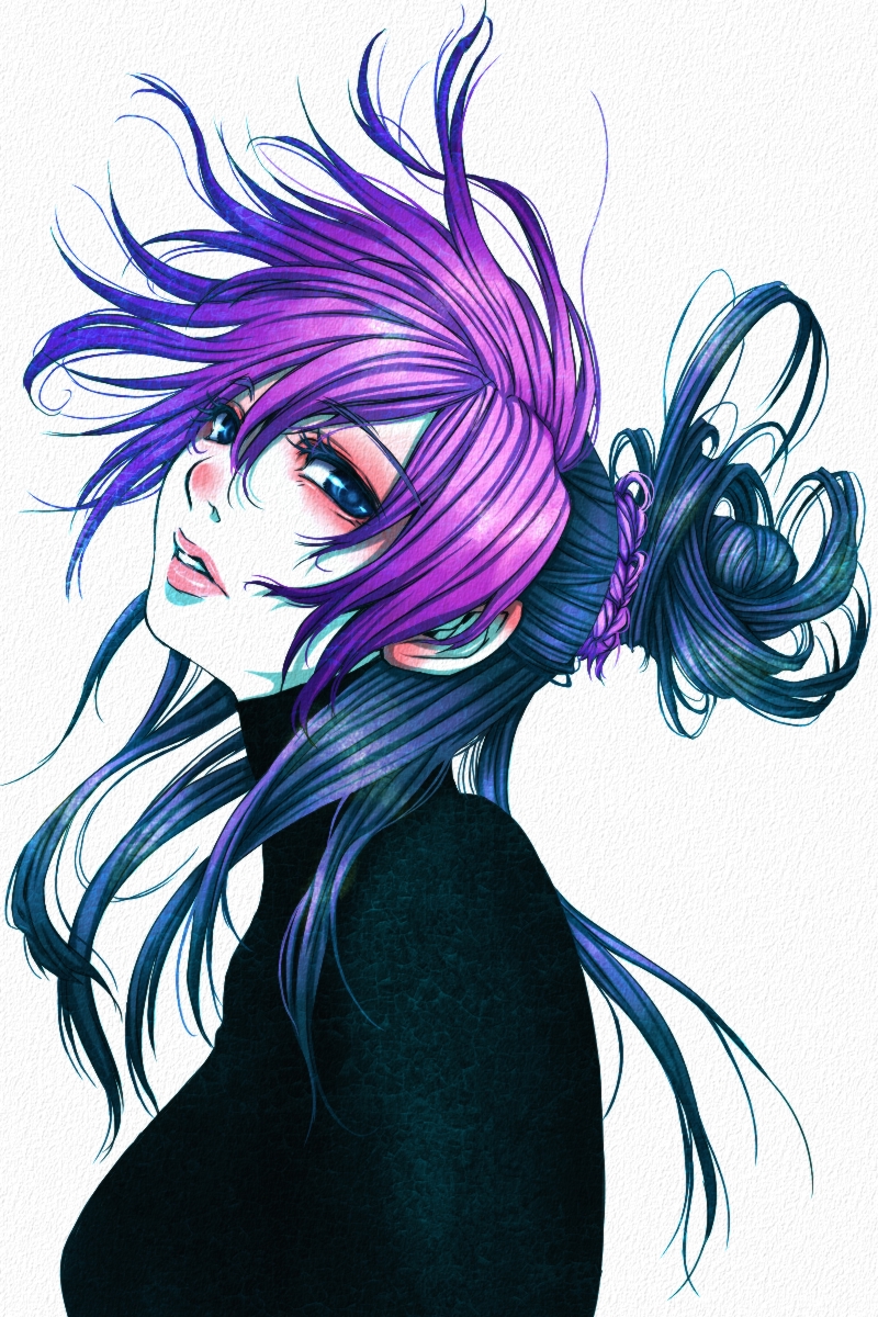 1girl, alternate_hairstyle, black_hair, blackzizi, blue_eyes, blush, braid, hair_bun