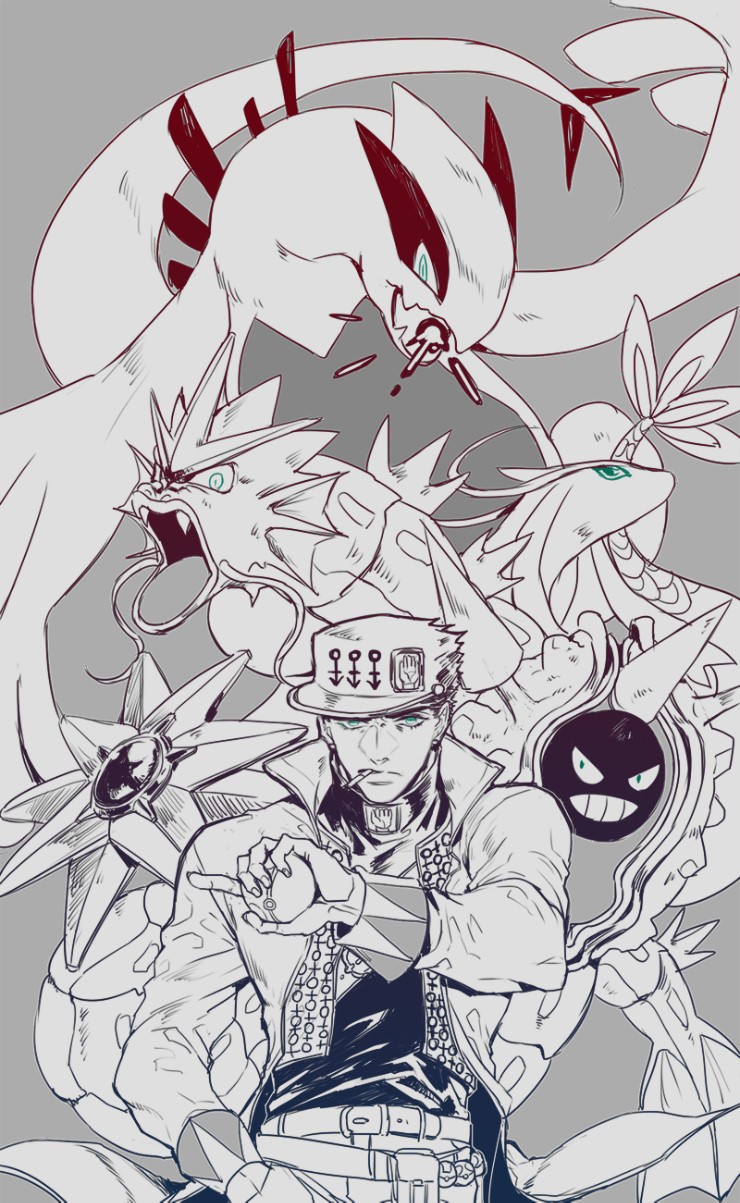 1boy, adult, blue_eyes, cigarette, cloyster, crossover, glowing, glowing_eyes