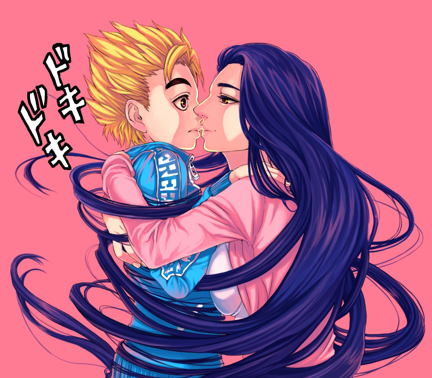 1boy, 1girl, black_hair, blackzizi, blonde_hair, blue_hair, breasts, brown_eyes, casual, couple, gakuran, height_difference, highres, hirose_kouichi, jojo_no_kimyou_na_bouken, kiss, pink_background, prehensile_hair, purple_hair, red_eyes, school_uniform, size_difference, yamagishi_yukako