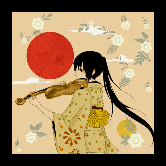 black_hair, blush, cantarella_(vocaloid), instrument, japanese_clothes, kimono, nagone_mako, ponytail