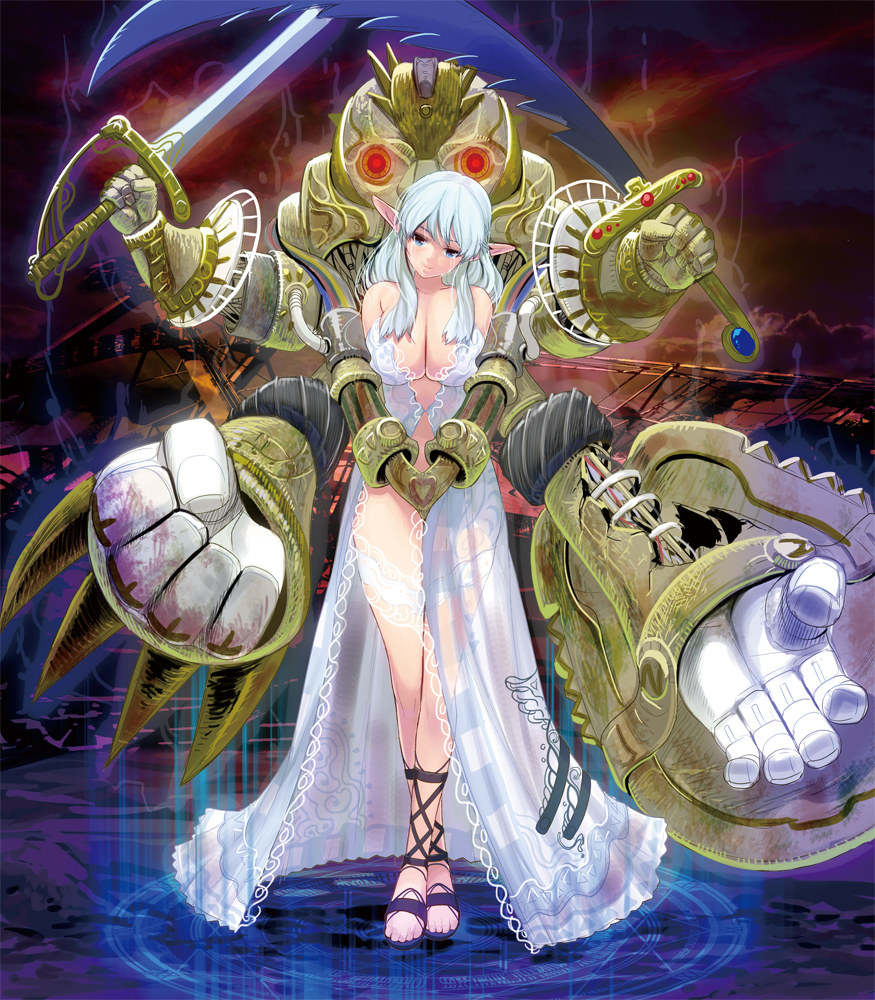 1girl, armor, bare_shoulders, blue_eyes, breasts, cleavage, crossed_legs_(standing), hips