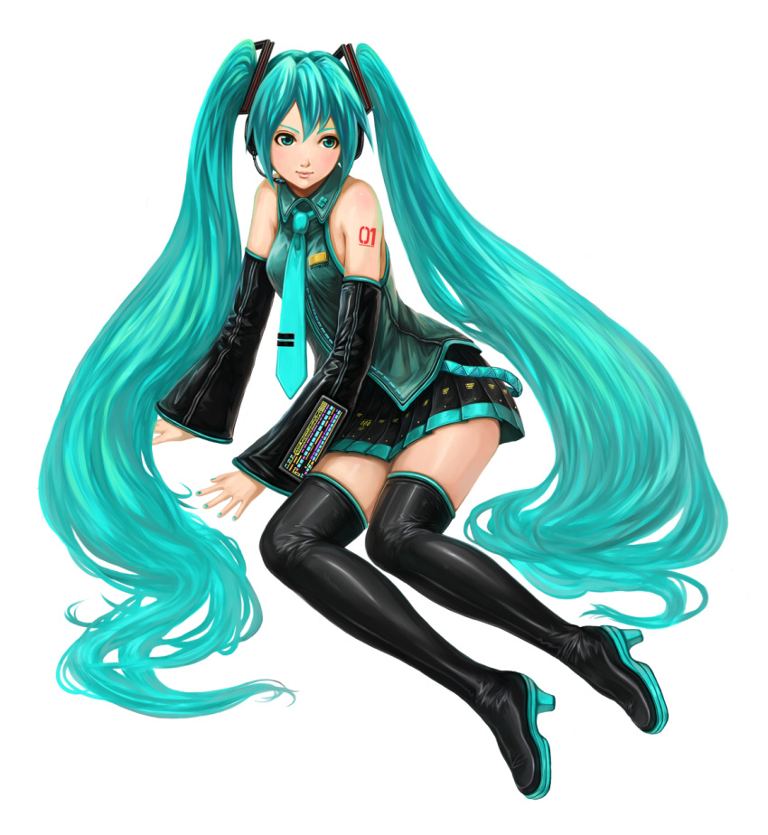 1girl, aqua_nails, aqua_necktie, aqua_neckwear, arm_support, bare_shoulders, black_footwear, black_thigh_boots