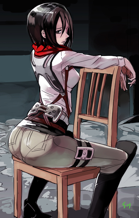 black_eyes, black_hair, boots, chair, mikasa_ackerman, sanzhuangwangcat, shingeki_no_kyojin, sitting