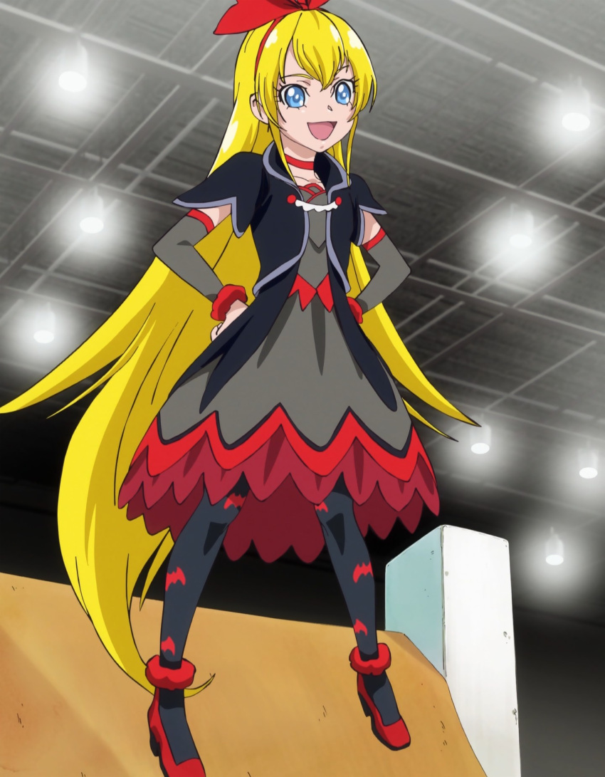 aqua_eyes, black_dress, blonde_hair, dokidoki!_precure, dress, hands_on_waist, highres, lights