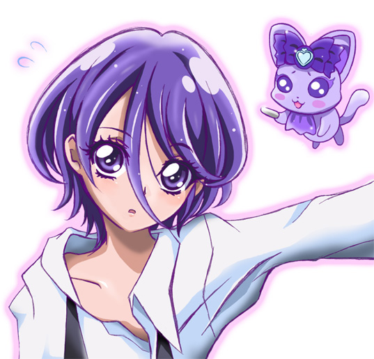 1girl, arudebido, dabyi_(dokidoki!_precure), dokidoki!_precure, dress_shirt, hair_down, kenzaki_makoto, loose_necktie, precure, purple_hair, shirt, short_hair, violet_eyes
