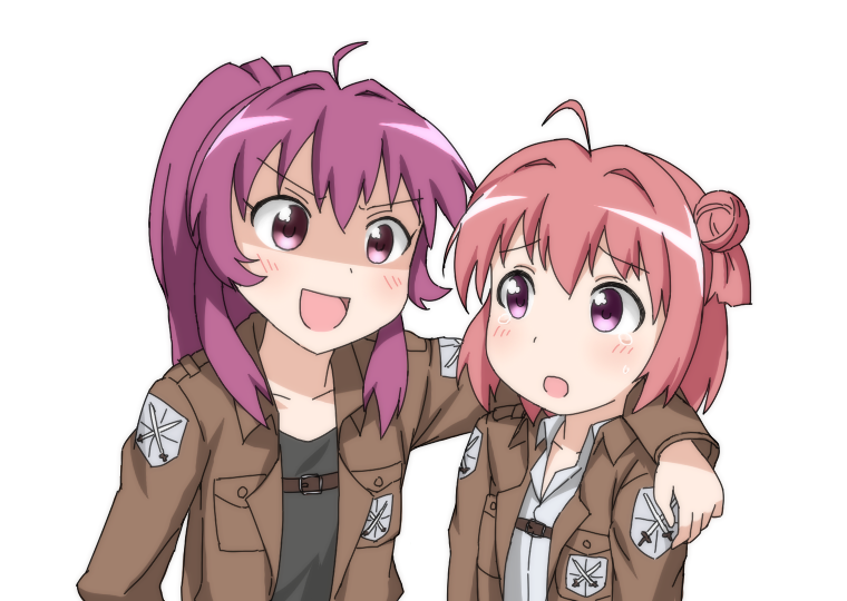 2girls, ahoge, akaza_akari, cosplay, fujita_saki, hair_bun, jacket, long_hair