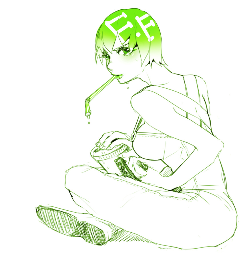 1girl, drink, drinking, foo_fighters, ganjang, green_hair, jojo_no_kimyou_na_bouken, overalls, short_hair, solo, straw