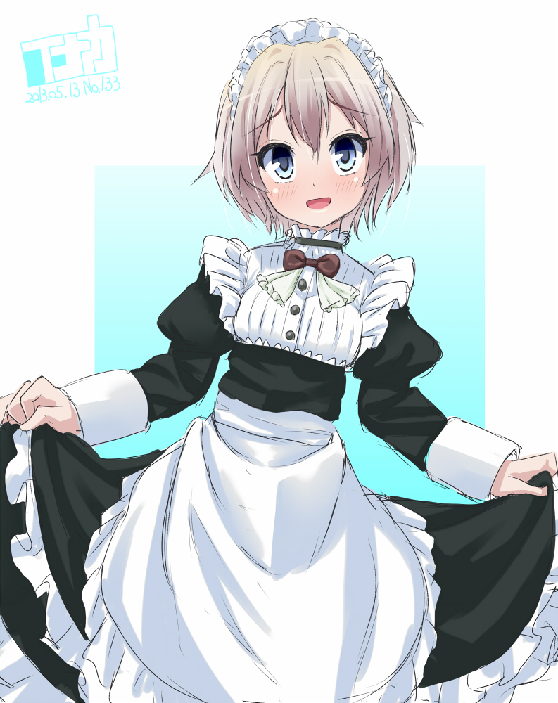 1boy, alternate_costume, apron, blue_eyes, enmaided, inaka_keikou, maid, maid_headdress, short_hair, silver_hair, skirt_hold, solo, totsuka_saika, trap, yahari_ore_no_seishun_love_come_wa_machigatteiru