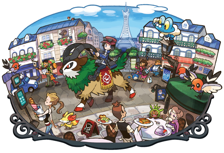 4boys, 5girls, baguette, bread, building, calme_(pokemon), car, chespin