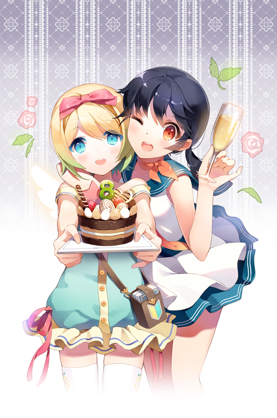 2girls, :d, ;d, aqua_eyes, arm_around_shoulder, black_hair, blonde_hair, blush