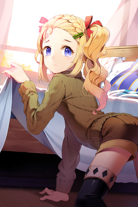 1girl, all_fours, arm_support, bandaid, bed, black_legwear, blonde_hair, braid, frett, gilse, hair_ornament, hair_ribbon, hairclip, long_hair, looking_back, pillow, ribbed_sweater, ribbon, shorts, solo, sweater, sword_girls, thigh-highs, twintails, violet_eyes, window