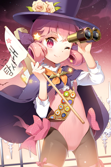 1girl, ;q, bat, binoculars, black_legwear, bow, cape, crescent_conundrum