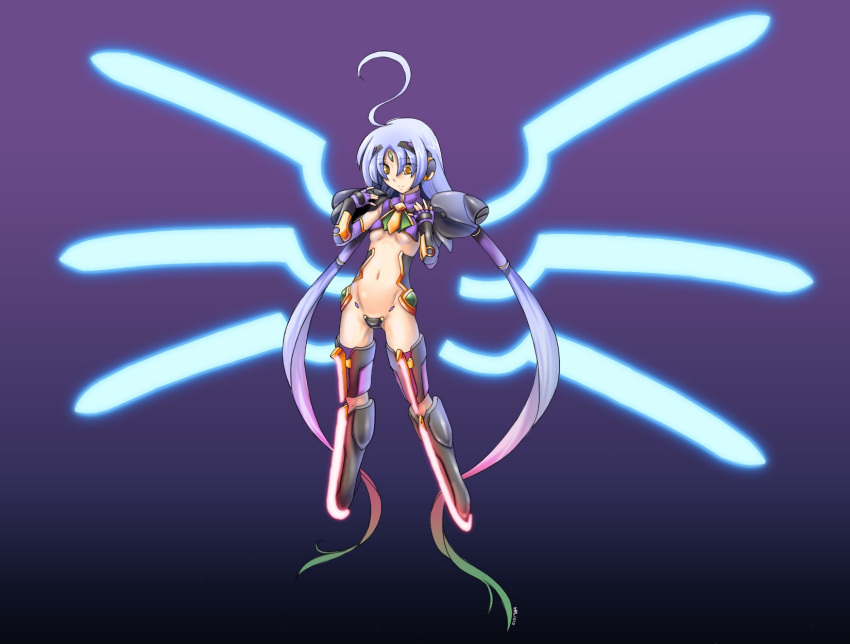 1girl, absurdly_long_hair, ahoge, alternate_eye_color, alternate_hair_color, armor, blazblue, crotch_plate, elbow_gloves, forehead_jewel, gloves, hair_tubes, highres, huge_ahoge, long_hair, mecha_musume, mu-12_(cosplay), multicolored_hair, navel, necktie, pauldrons, solo, twintails, two-tone_hair, under_night_in-birth, vatista, very_long_hair, wings
