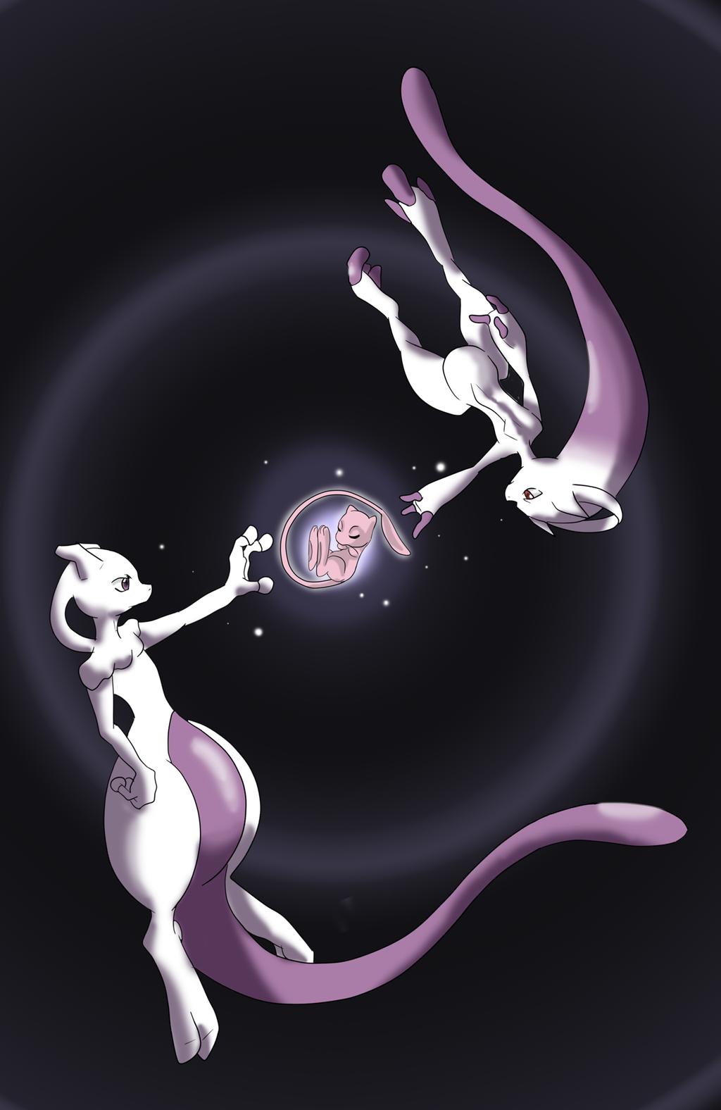 alternate_form, closed_eyes, dual_persona, highres, mega_mewtwo_y, mew, mewtwo, nicolas_welch, no_humans, outstretched_hand, pokemon, pokemon_(creature), pokemon_(game), pokemon_xy, red_eyes, shinyscyther, violet_eyes